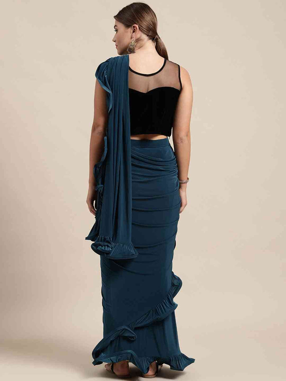 Stylish Viscose Rayon Teal Colour Solid Saree With Ruffel Border
