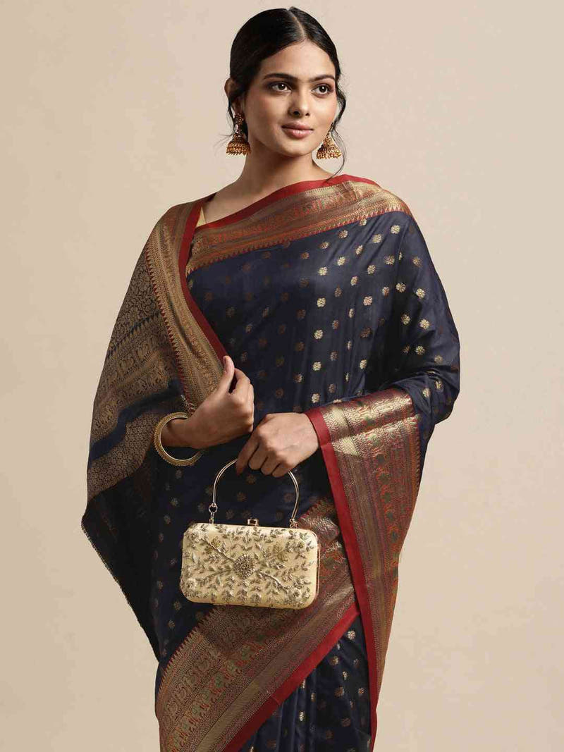 Stylish Banarasi Navy Colour Woven Design Silk Saree
