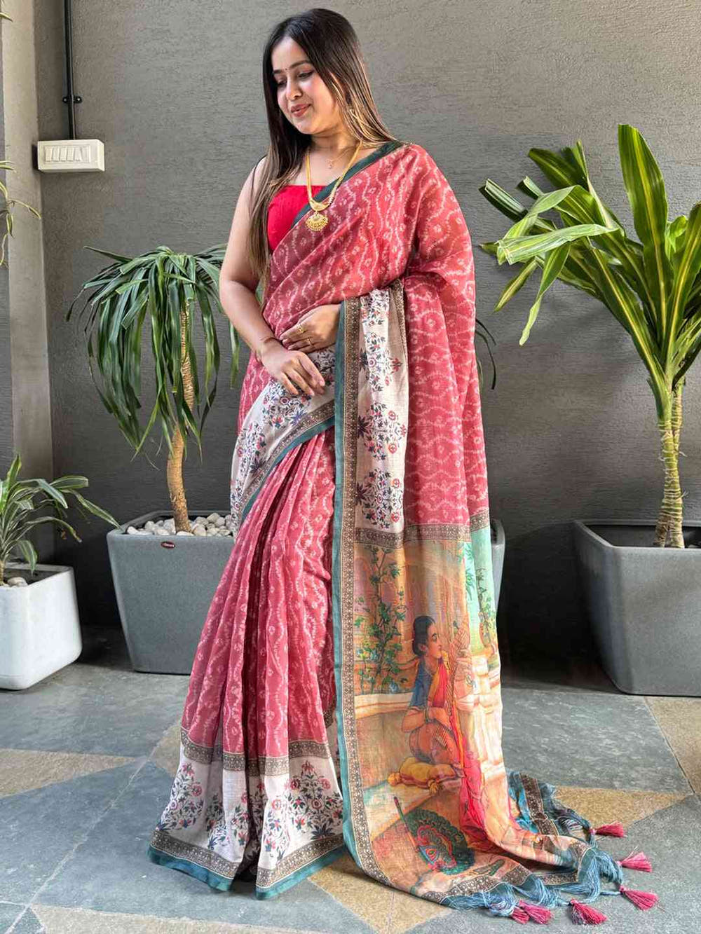 Gajari Colour Ikkat Print Saree With kalamkari Block Print Design