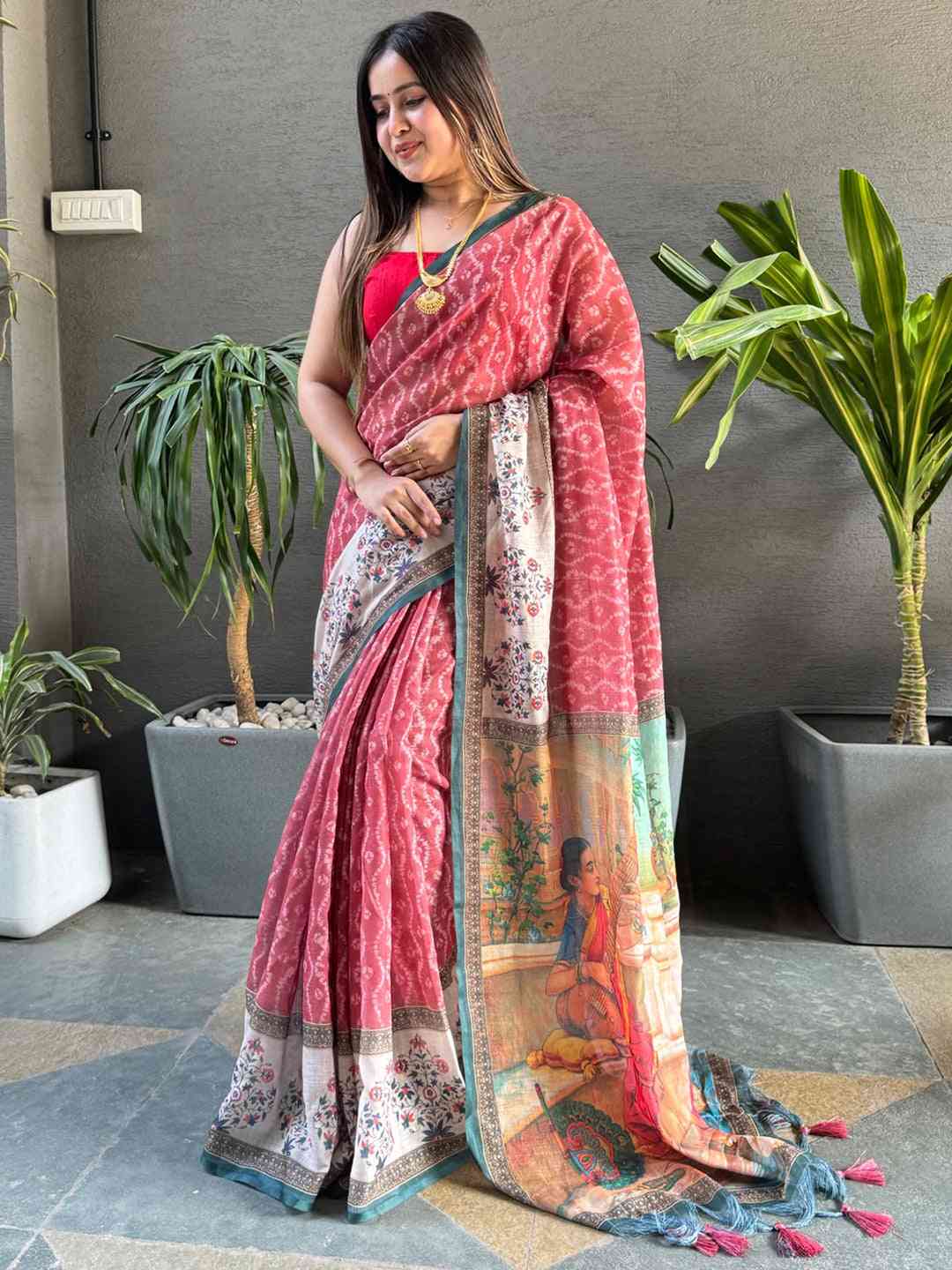 Gajari Colour Ikkat Print Saree With kalamkari Block Print Design