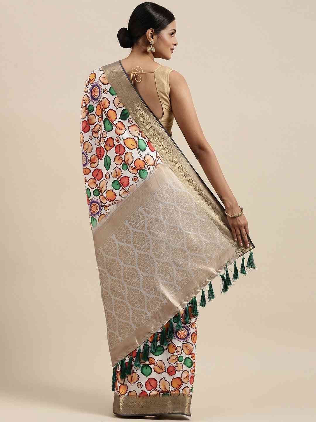 Banarasi White Colour Print Silk  Saree
