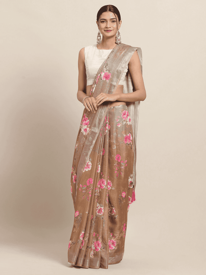 Beige Colour Soft Linen Flower Digital Print Festive Saree