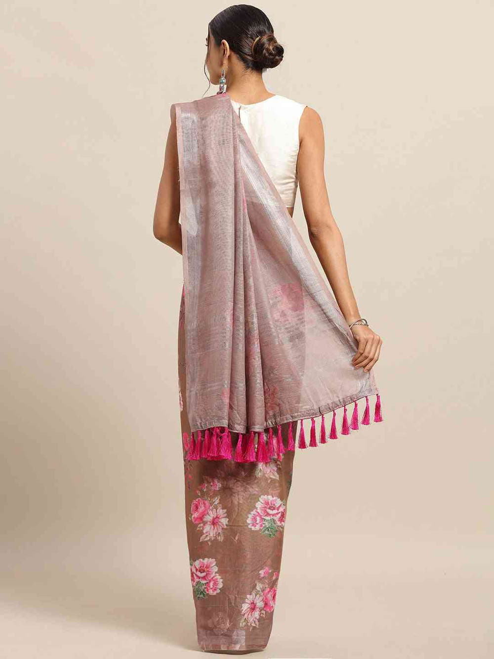 Beige Colour Soft Linen Flower Digital Print Festive Saree