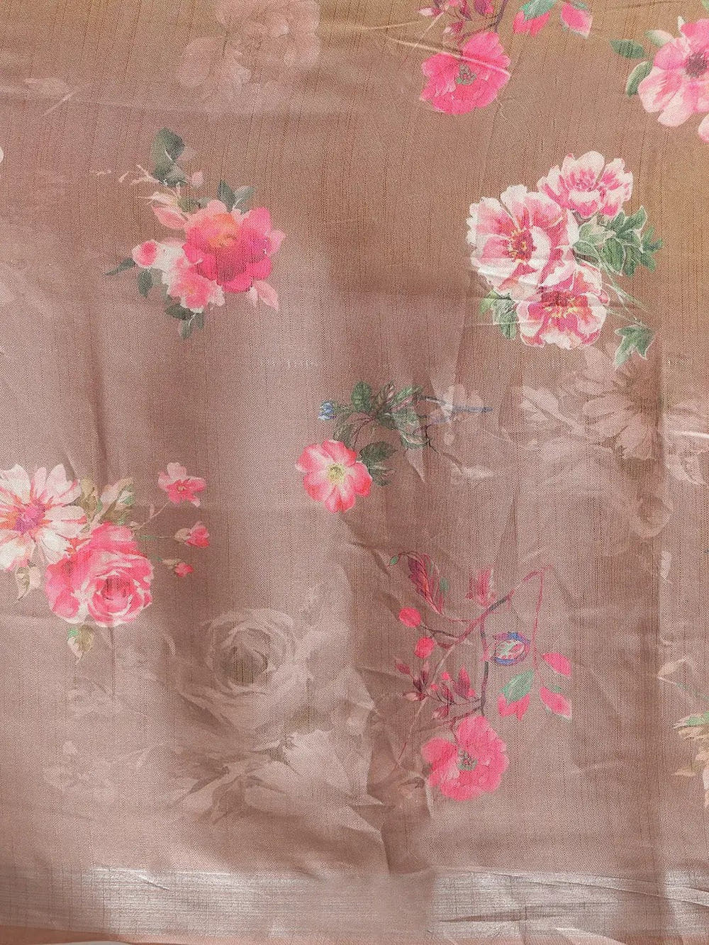 Beige Colour Soft Linen Flower Digital Print Festive Saree