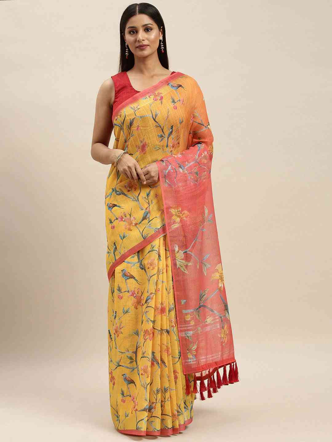 Beautiful Mustard Colour Soft Linen Digital Print Saree