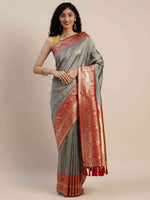 Banarasi Silk Grey Colour Woven Design Ethnic Motifs Saree