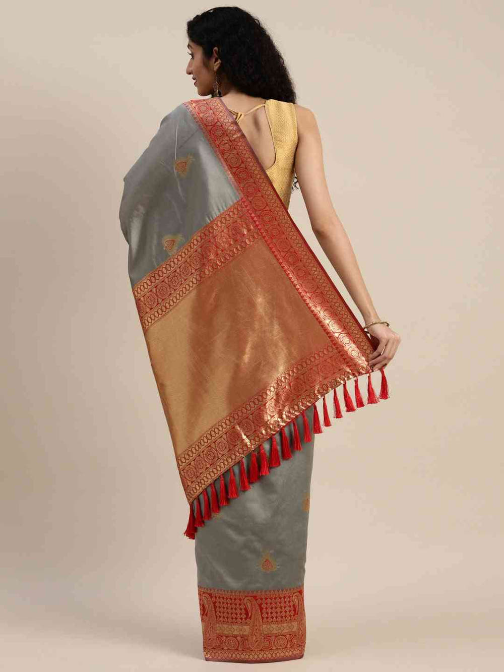 Banarasi Silk Grey Colour Woven Design Ethnic Motifs Saree