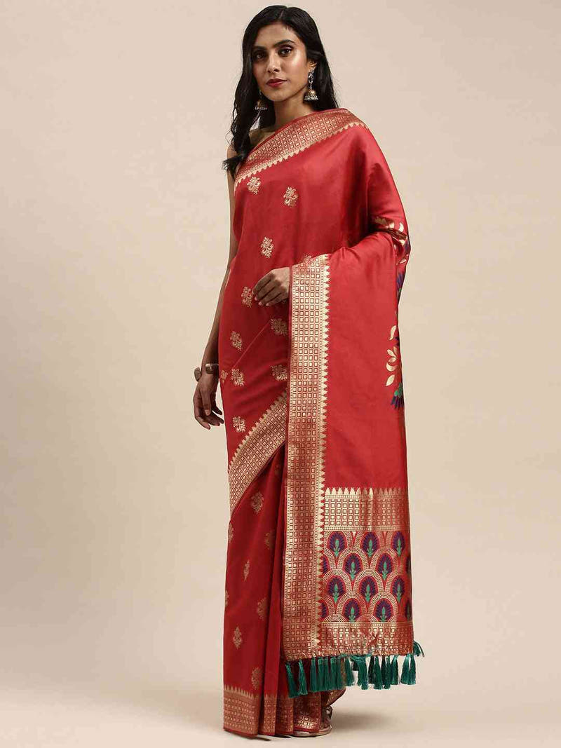 Banarasi Silk Red Colour Ethnic Motifs Saree