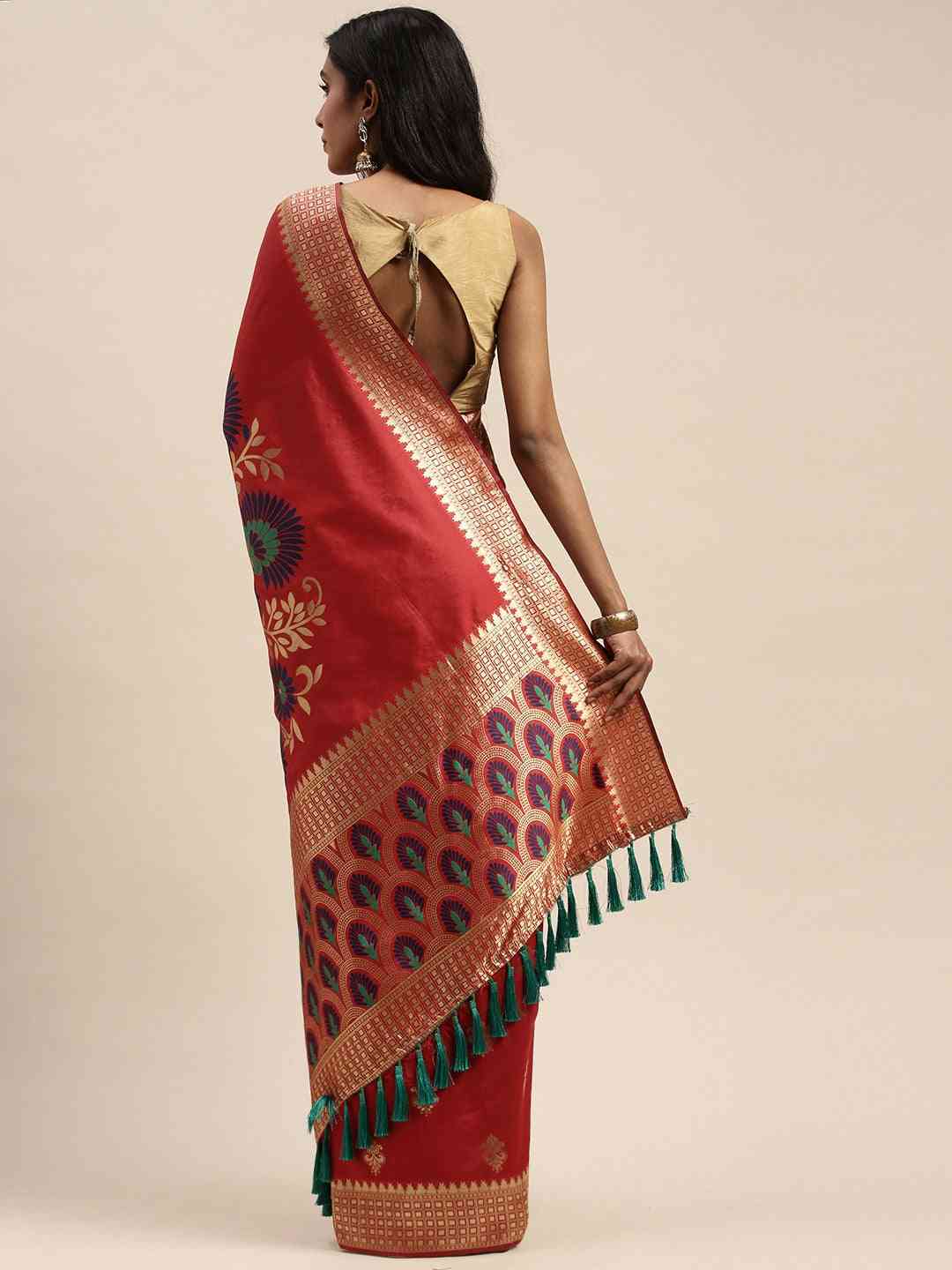 Banarasi Silk Red Colour Ethnic Motifs Saree