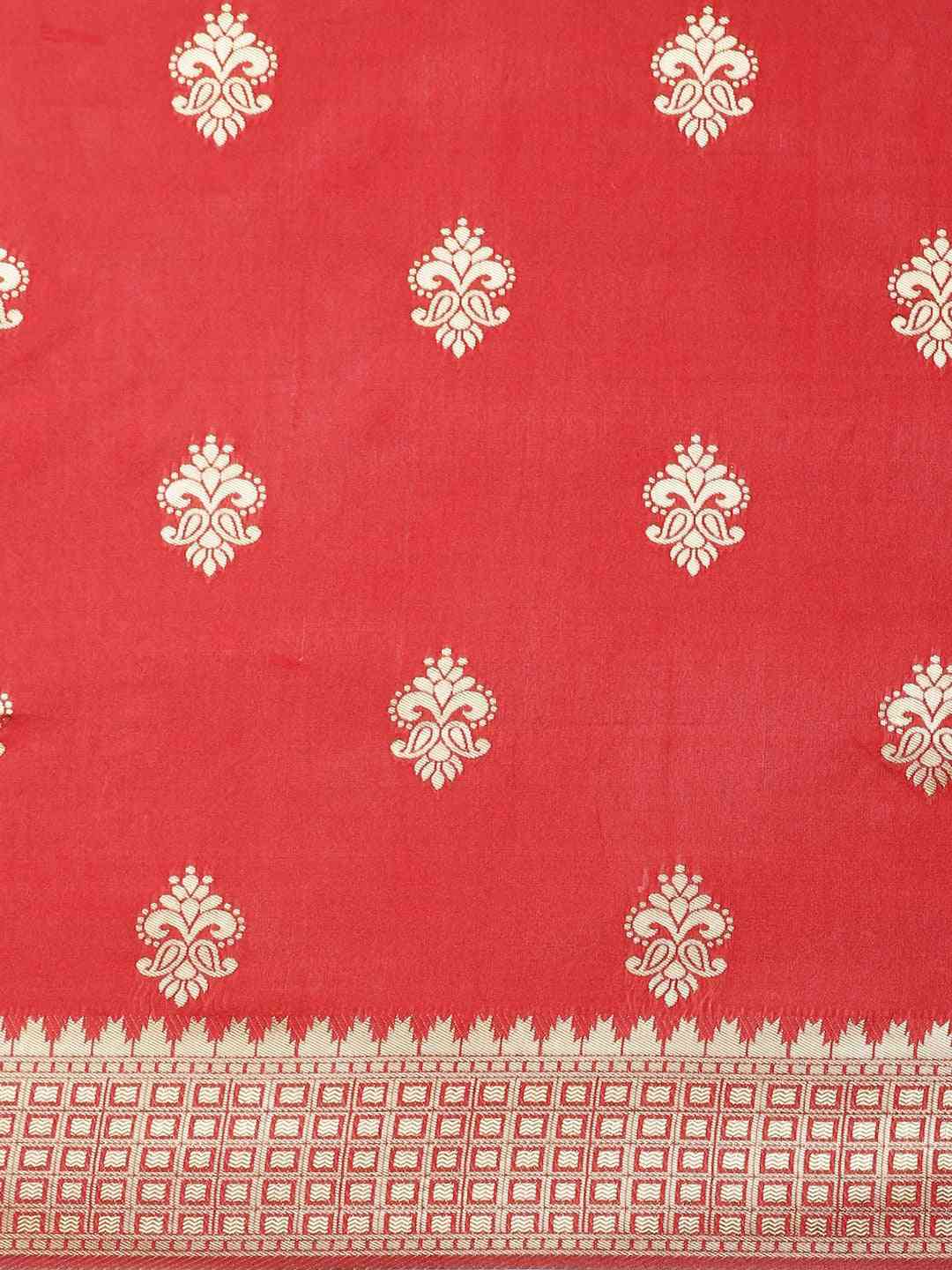 Banarasi Silk Red Colour Ethnic Motifs Saree