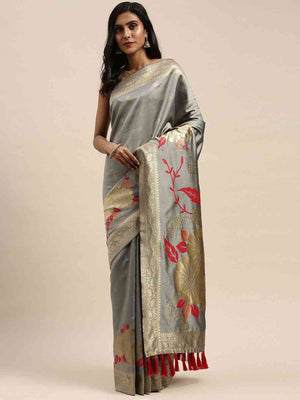 Banarasi Silk Grey Colour Print Saree