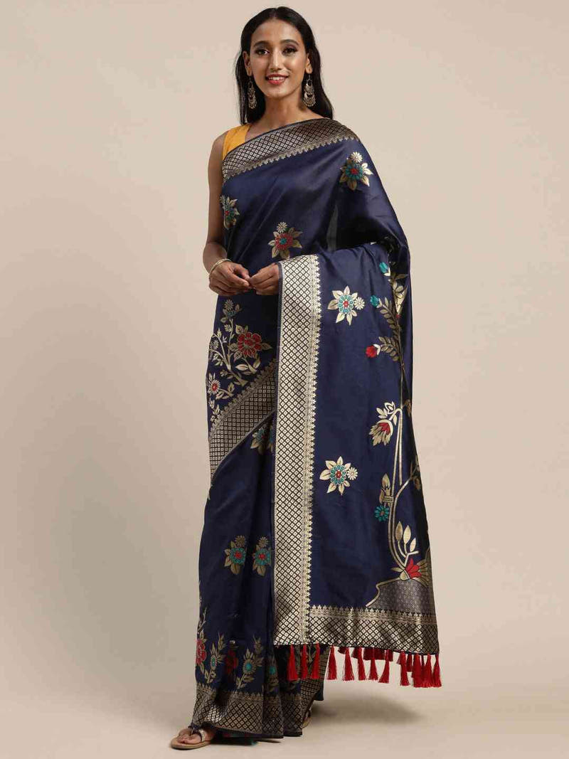 Banarasi Silk Navy Colour Print Saree
