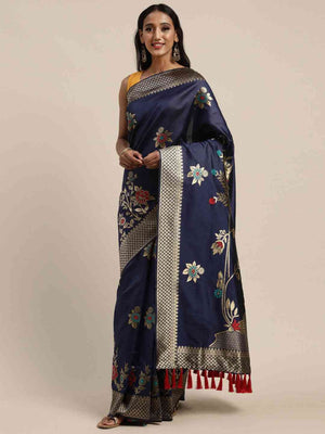 Banarasi Silk Navy Colour Print Saree