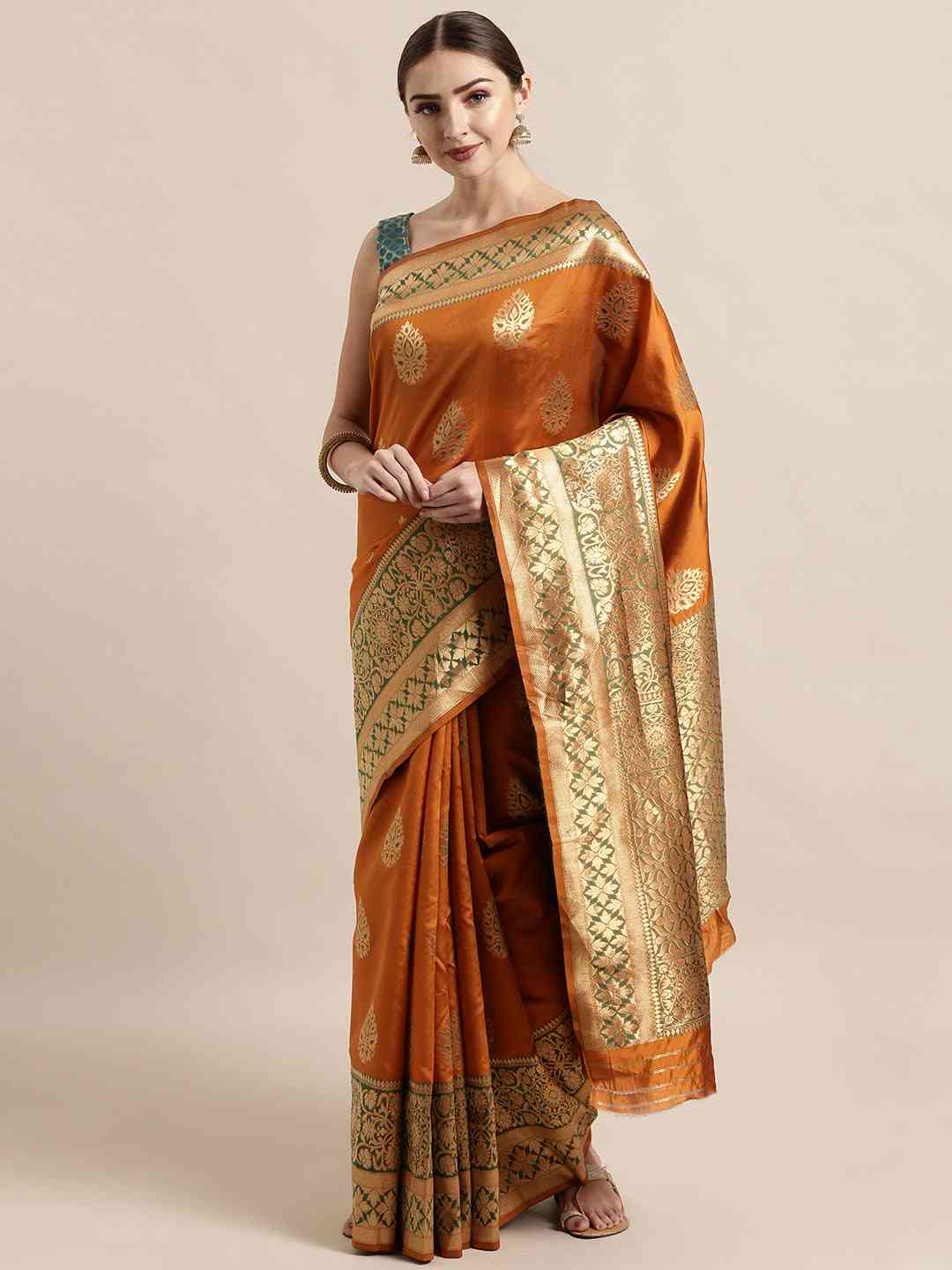 Banarasi Silk Orange Colour Woven Design And Zari Border Saree