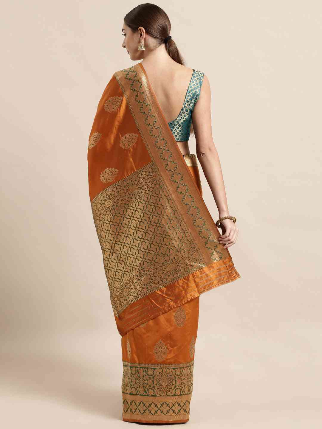 Banarasi Silk Orange Colour Woven Design And Zari Border Saree