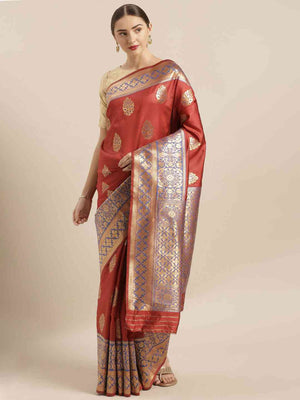 Banarasi Silk Red Colour Woven Design And Zari Border Saree