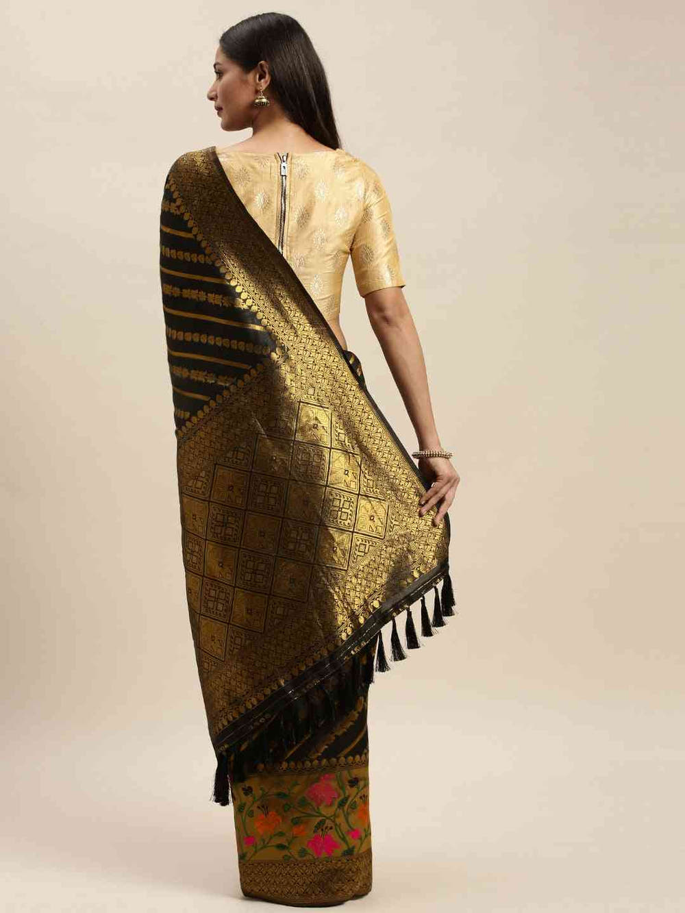 Banarasi Black Colour Ethnic Motifs Print Silk Cotton Saree