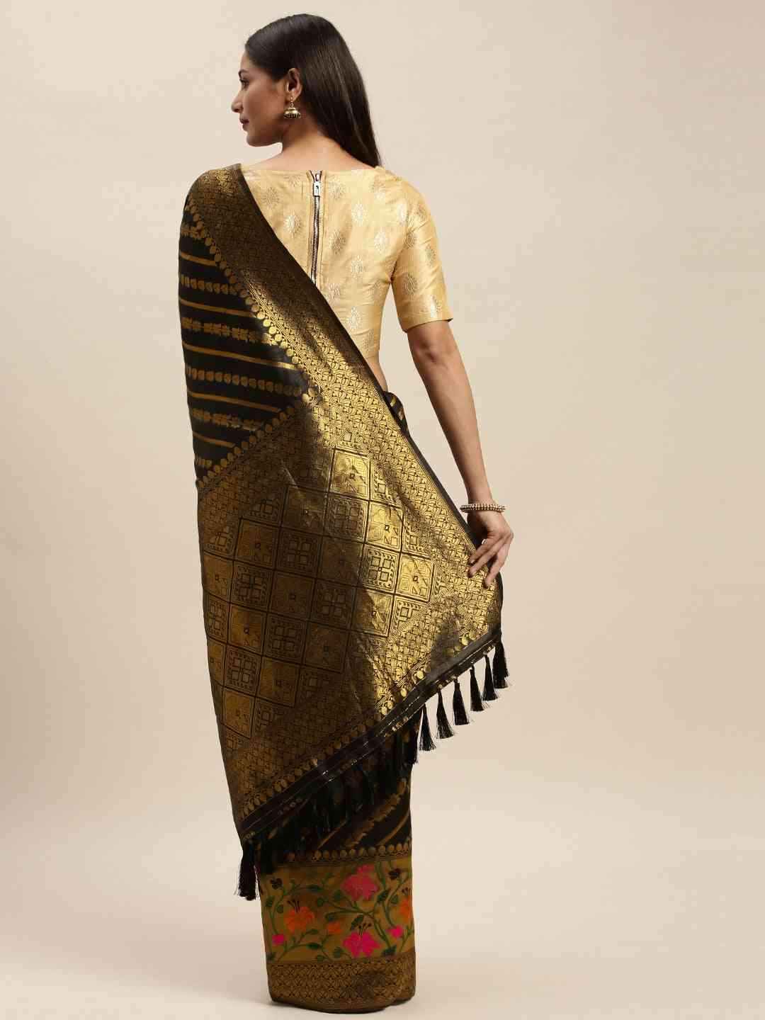 Banarasi Black Colour Ethnic Motifs Print Silk Cotton Saree