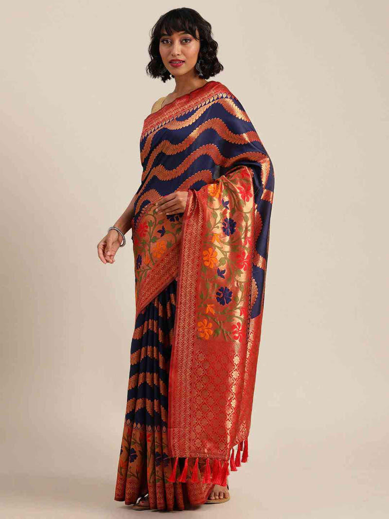 Banarasi Geometric Printed Navy Colour Zari Silk Saree