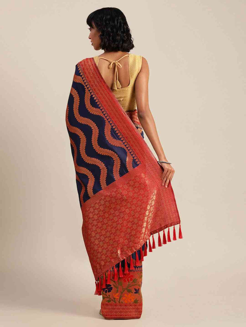 Banarasi Geometric Printed Navy Colour Zari Silk Saree
