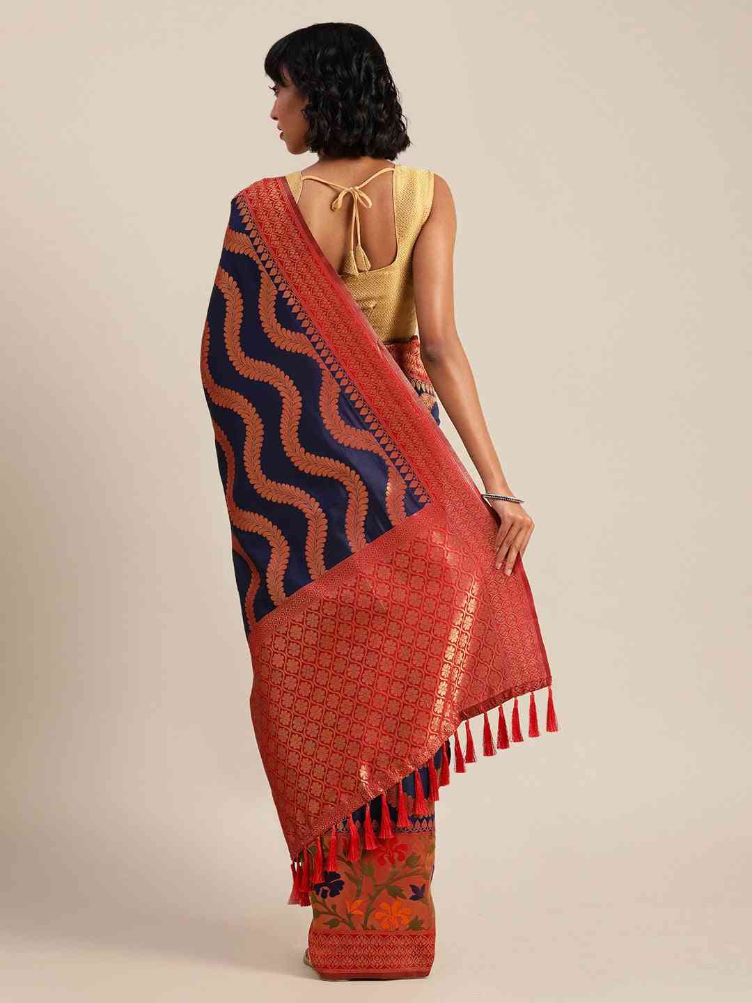 Banarasi Geometric Printed Navy Colour Zari Silk Saree