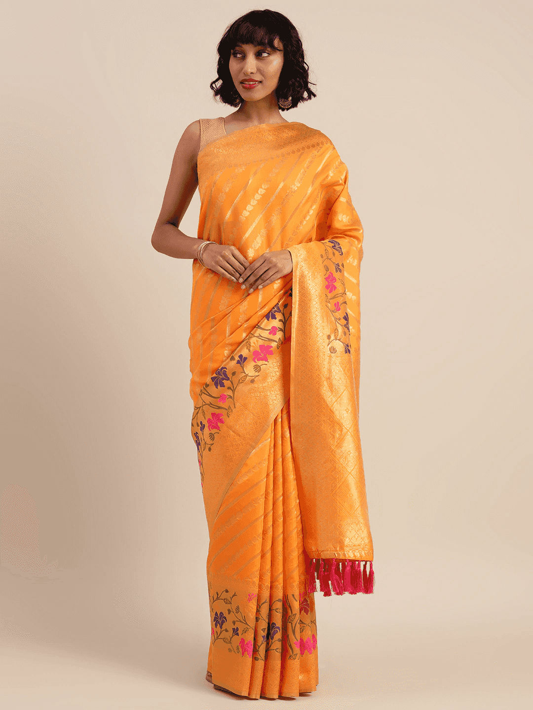 Banarasi Orange Colour Ethnic Motifs Print Silk Cotton Saree
