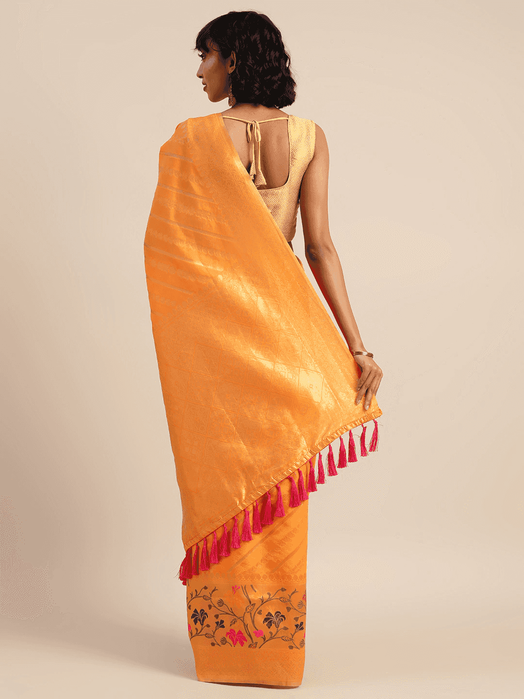 Banarasi Orange Colour Ethnic Motifs Print Silk Cotton Saree