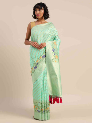 Banarasi Sea Green Colour Ethnic Motifs Silk Cotton Saree