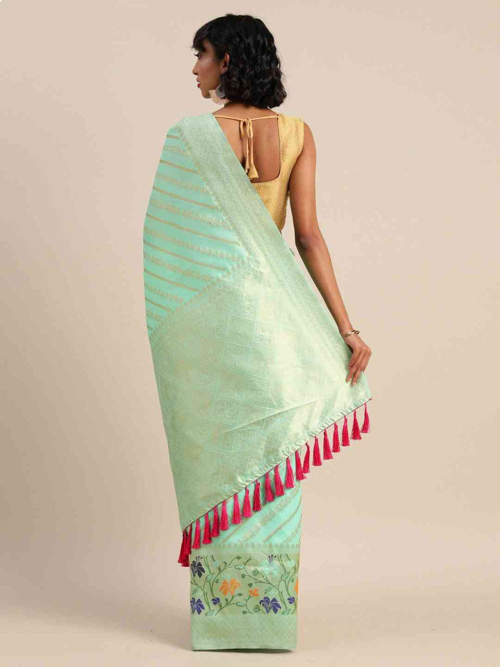 Banarasi Sea Green Colour Ethnic Motifs Silk Cotton Saree