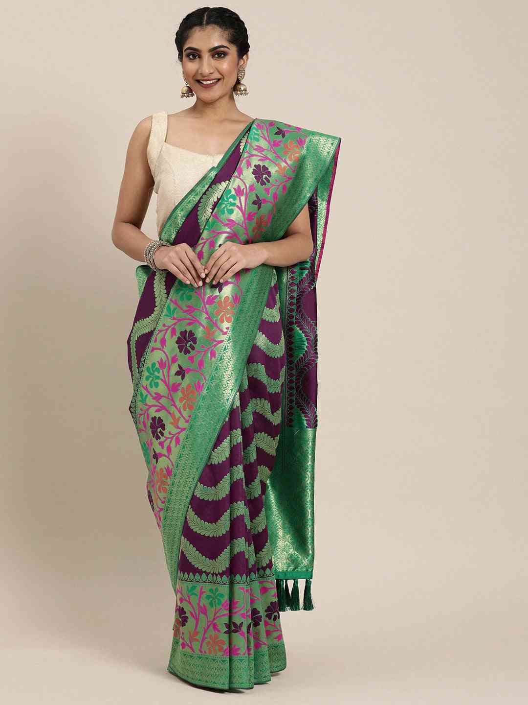 Banarasi Geometric Printed Burgundy Colour Zari Silk Saree