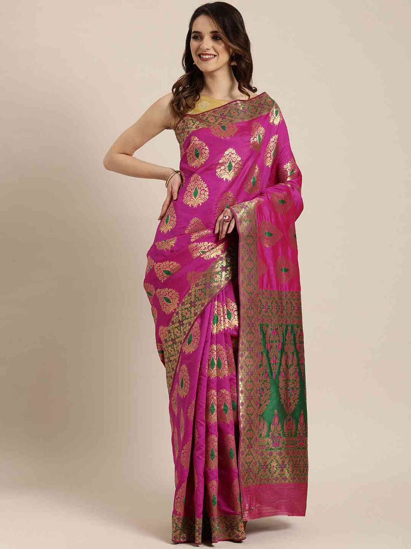Stylish Rani Colour Silk Woven Design Banarasi Saree