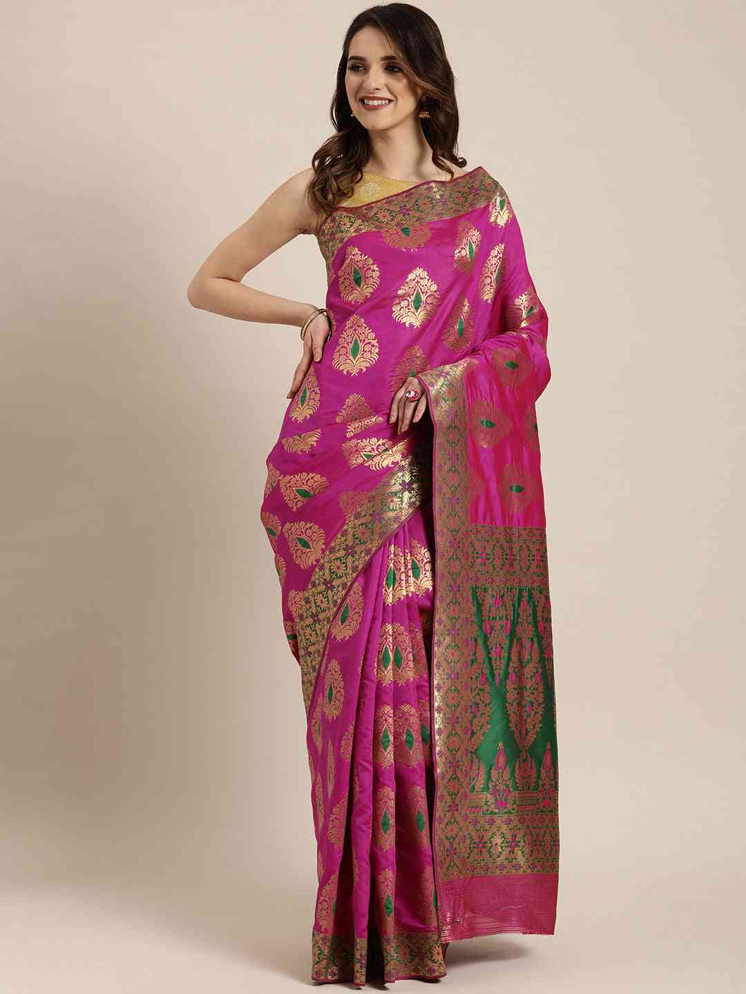 Stylish Rani Colour Silk Woven Design Banarasi Saree