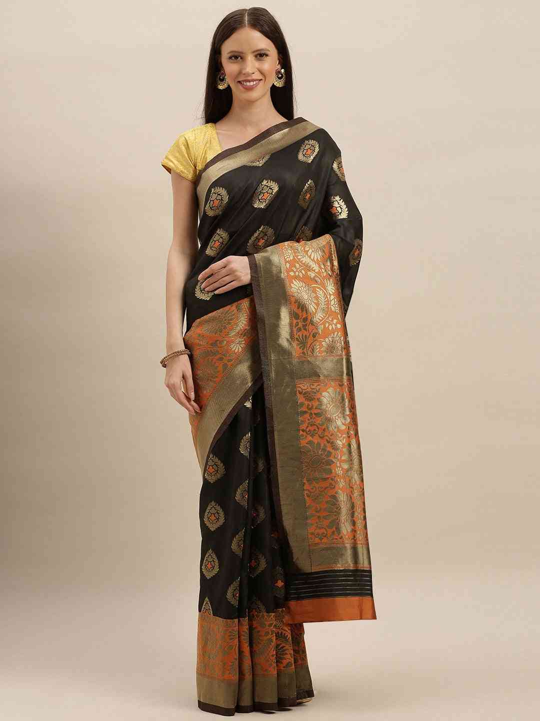 Banarasi Orange Colour Woven Design With Zari Border Saree