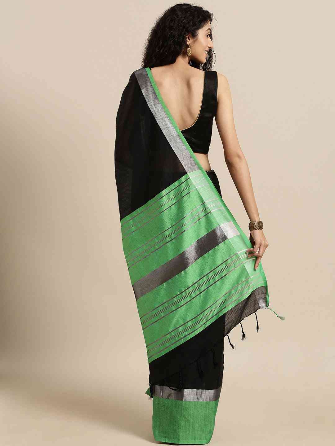 Elegant Black Colour Solid Linen Blend Saree With Zari Border