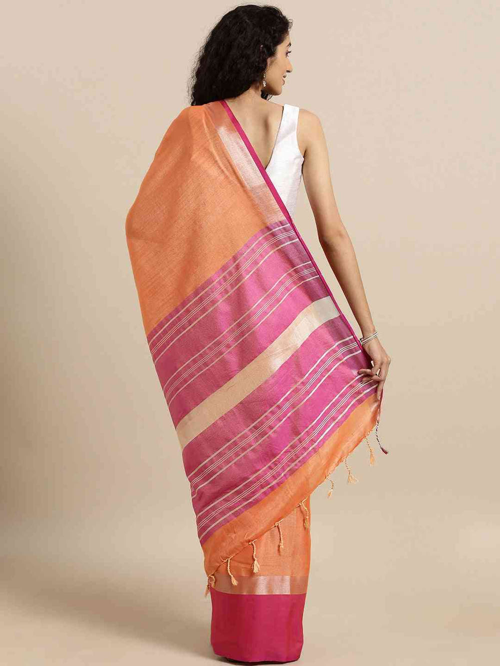 Elegant Orange Colour Solid Linen Blend Saree With Zari Border