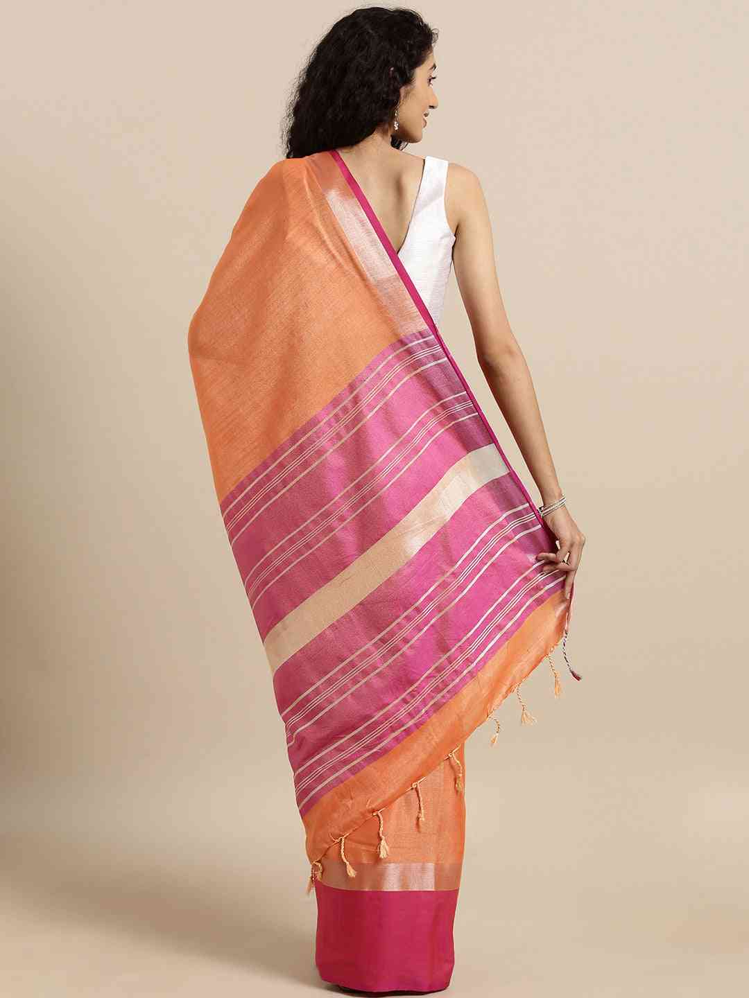 Elegant Orange Colour Solid Linen Blend Saree With Zari Border