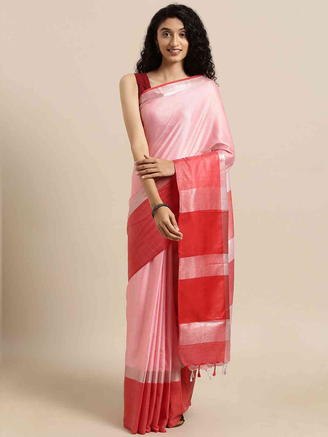 Elegant Red Colour Solid Linen Blend Saree