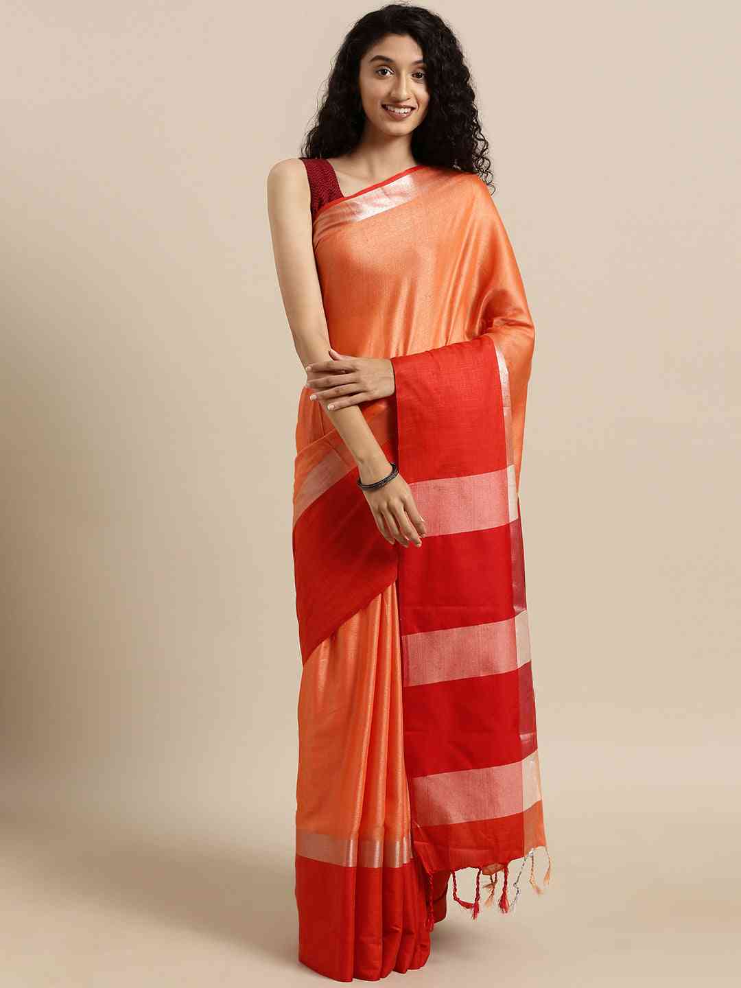 Elegant Orange Colour Solid Linen Blend Saree