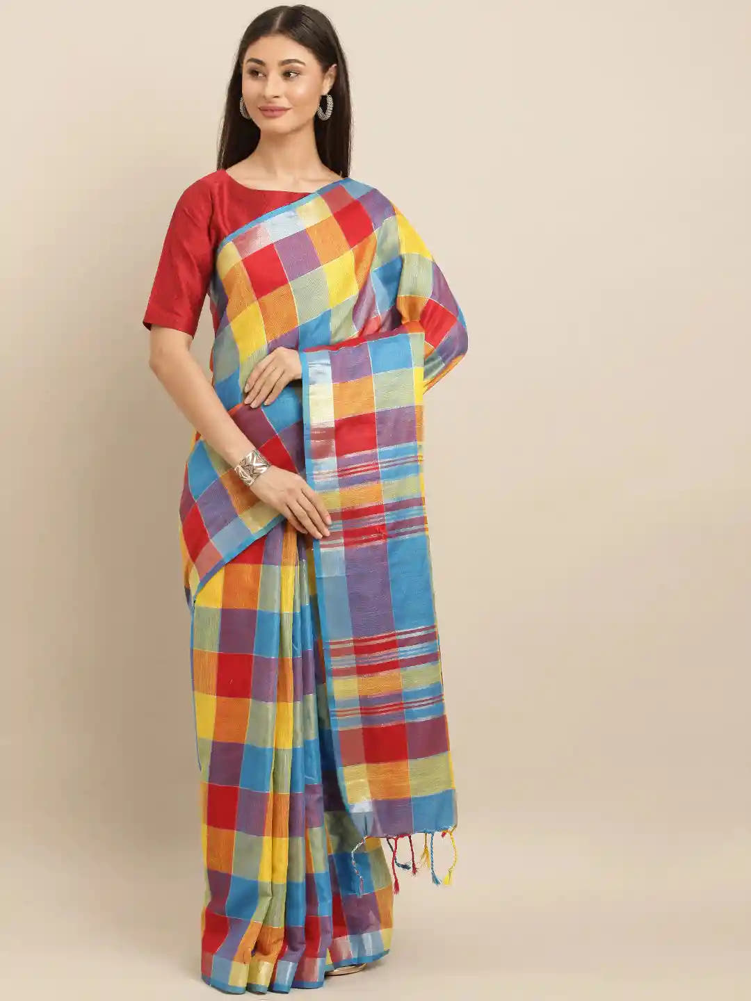 Stylish Checked Red Colour Zari Work