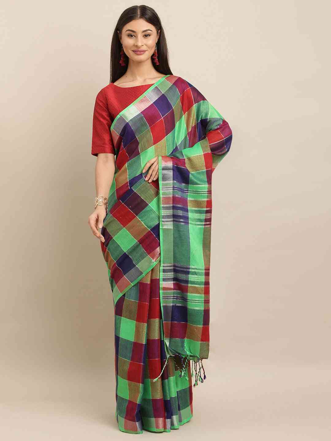Stylish Checked Green Colour Zari Work