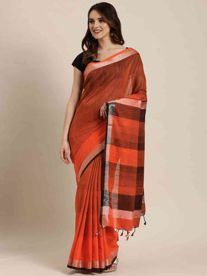 Stylish Striped Orange Colour Linen Blend Saree