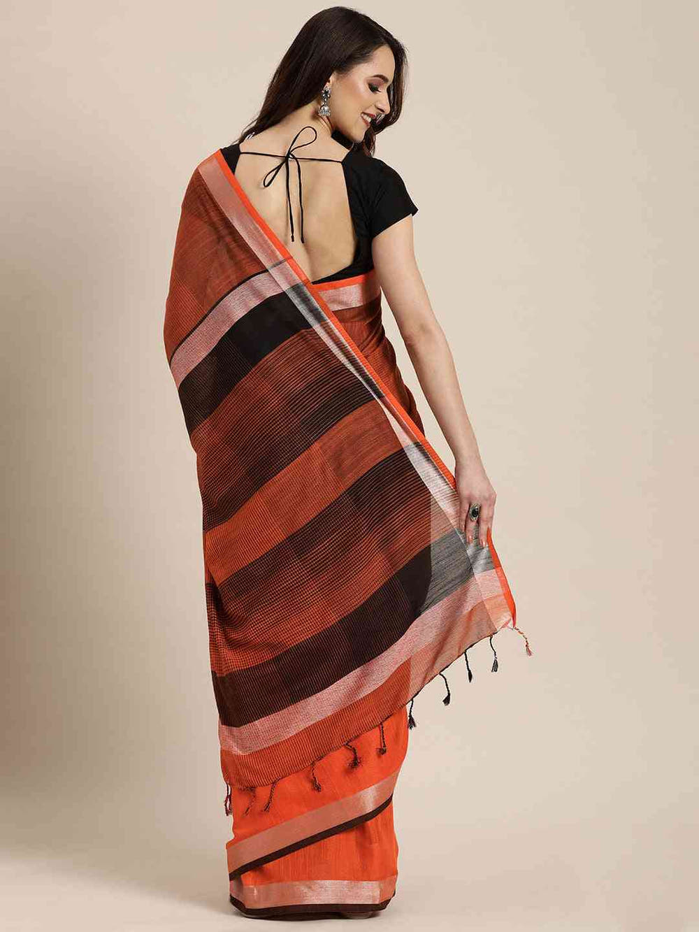 Stylish Striped Orange Colour Linen Blend Saree