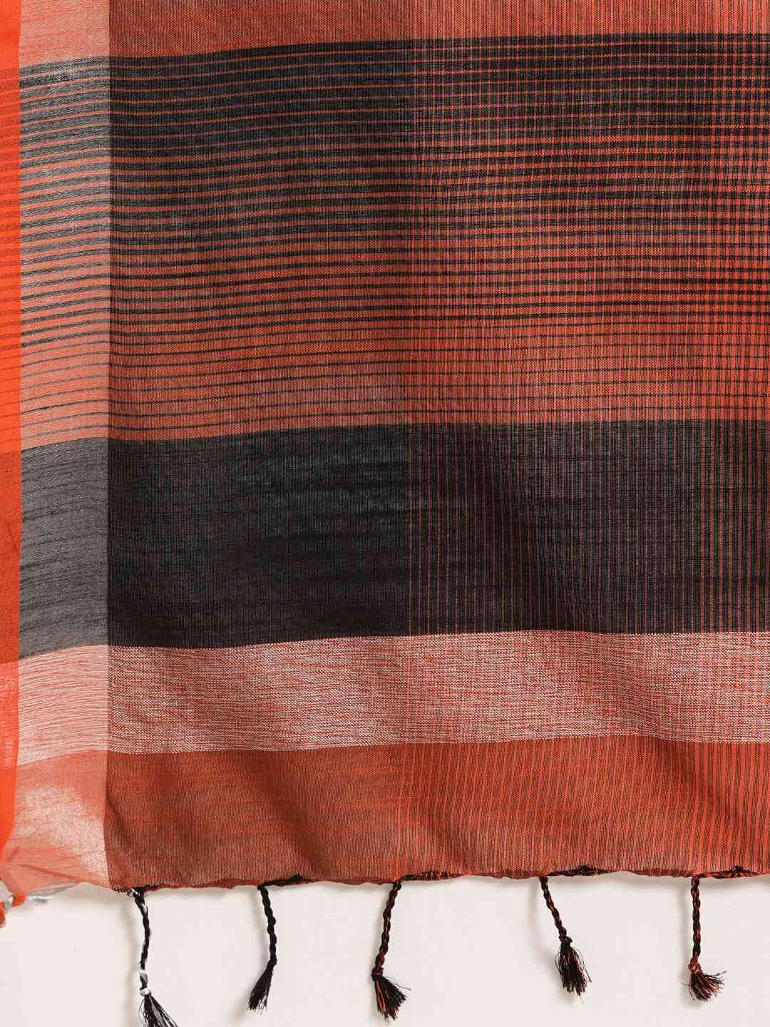 Stylish Striped Orange Colour Linen Blend Saree
