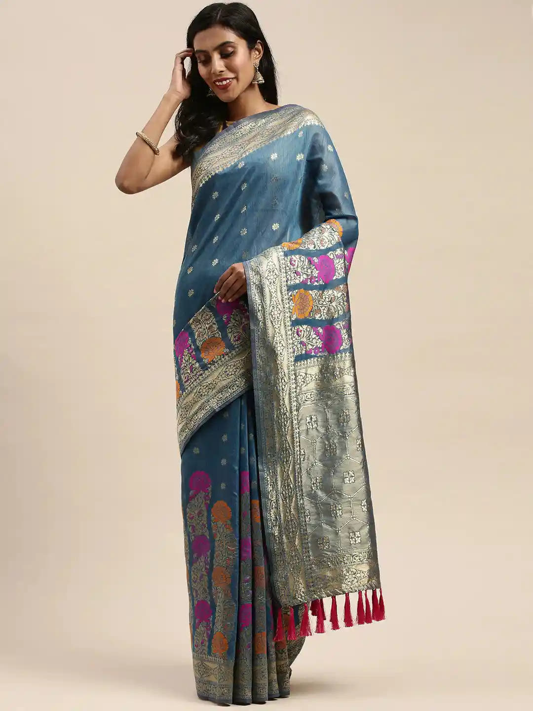 Banarasi Firozi Colour Zari Border Cotton Saree