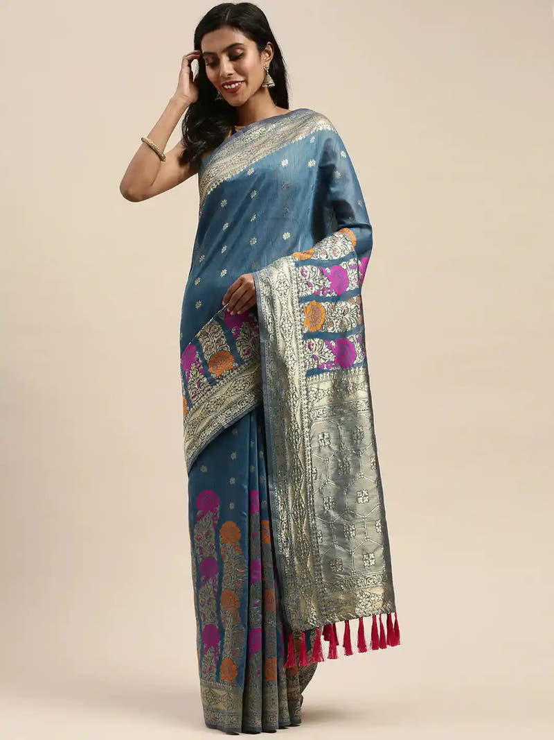 Banarasi Firozi Colour Zari Border Cotton Saree