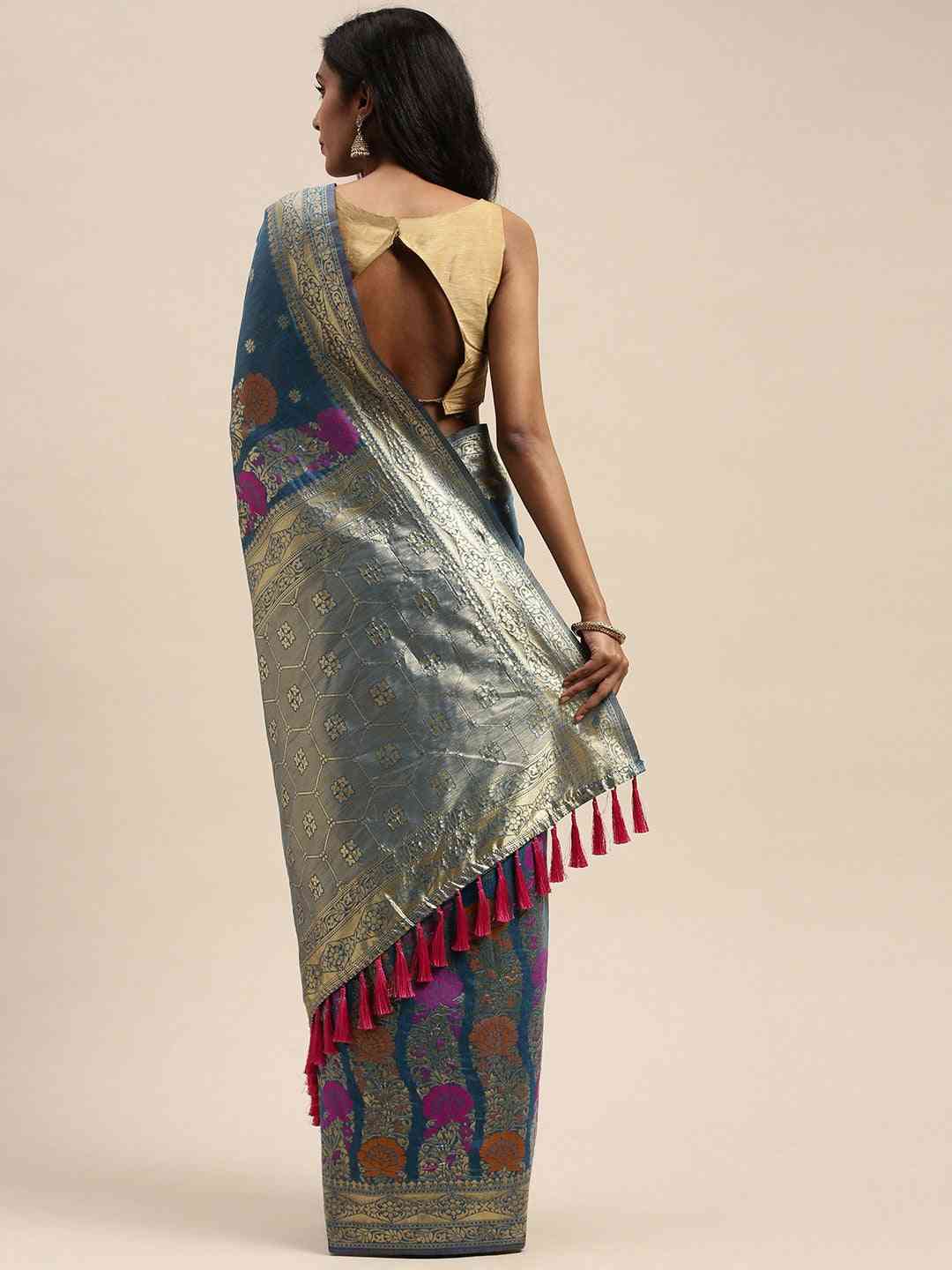 Banarasi Firozi Colour Zari Border Cotton Saree