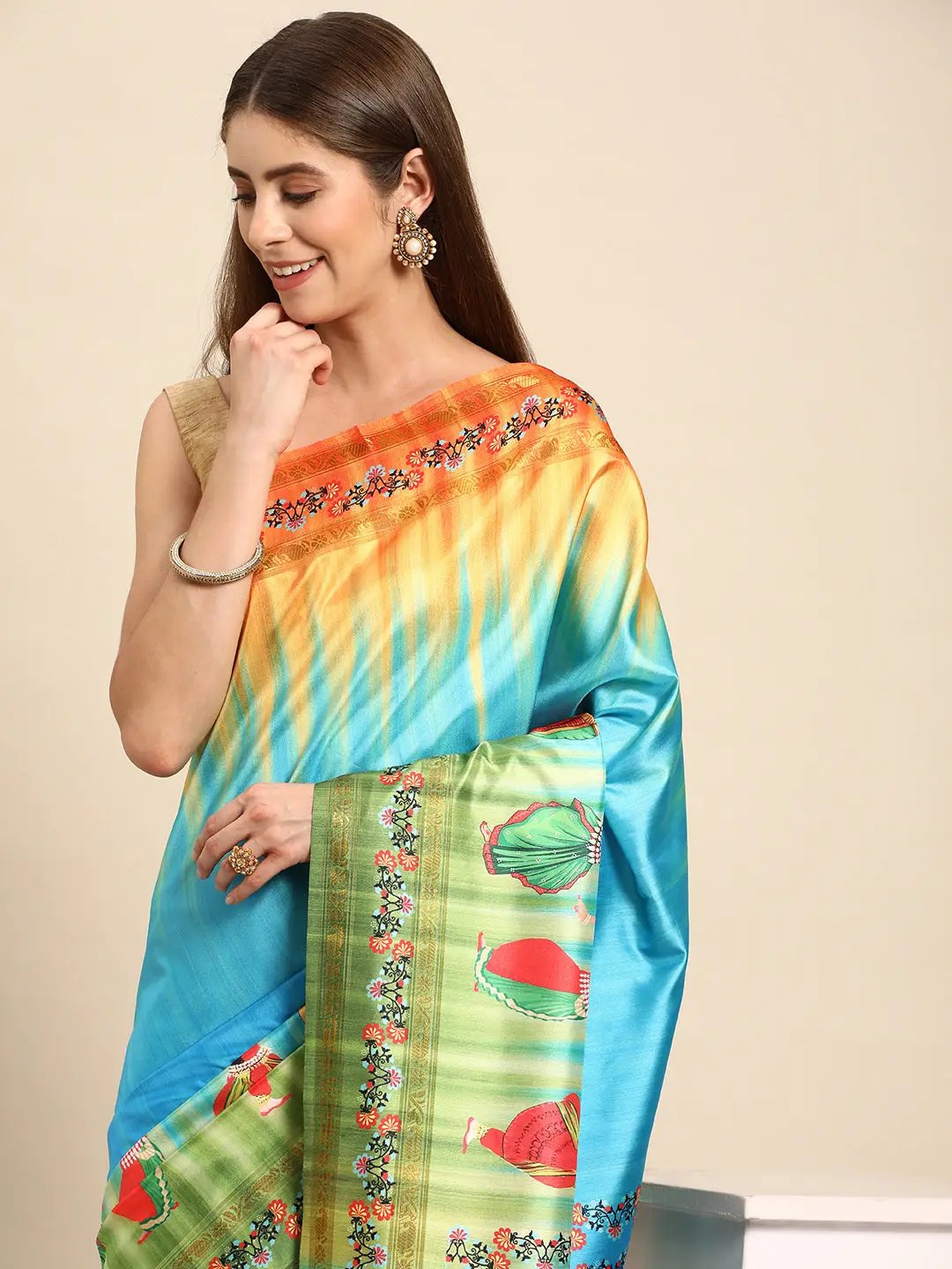 Stylish Kalamkari Silk With Block Print Saree