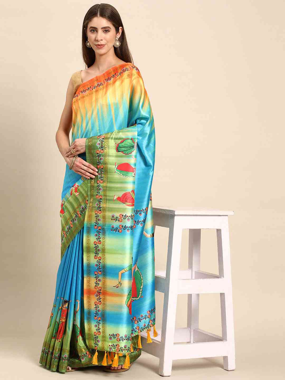 Stylish Kalamkari Silk With Block Print Saree