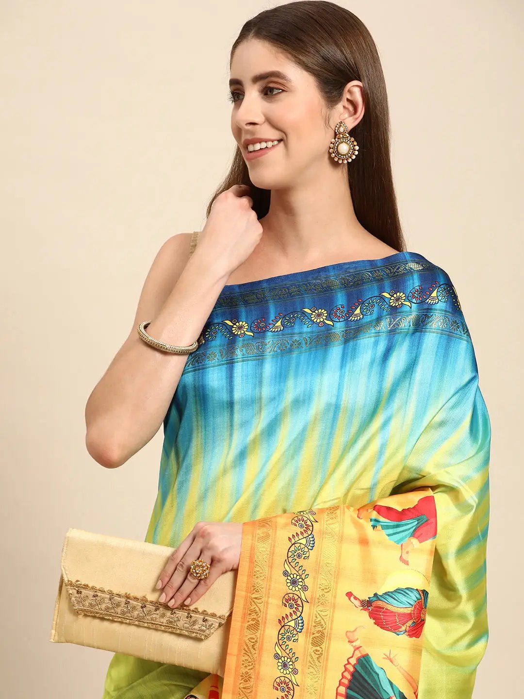 Stylish Kalamkari Silk With Block Print Saree