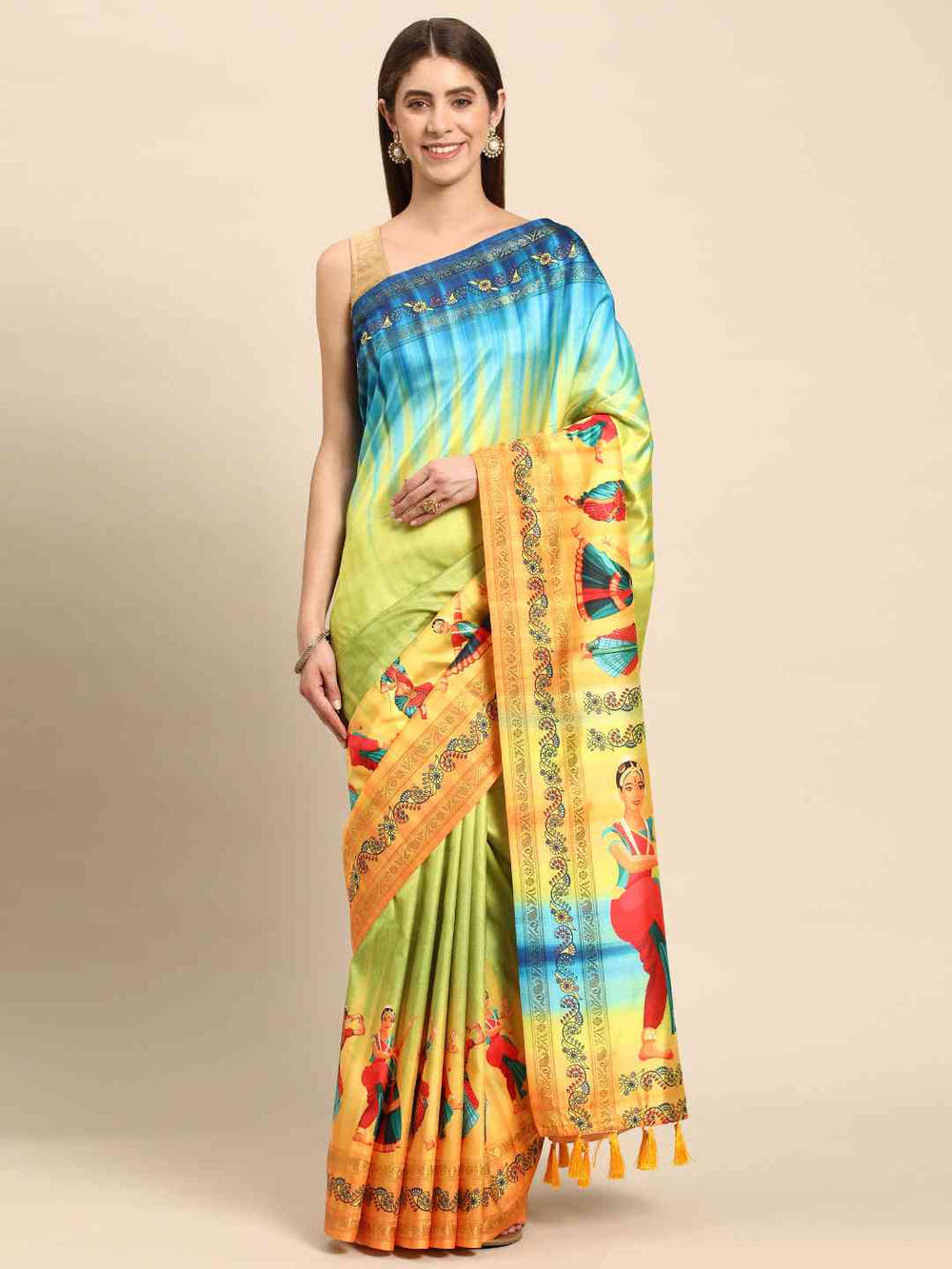 Stylish Kalamkari Silk With Block Print Saree
